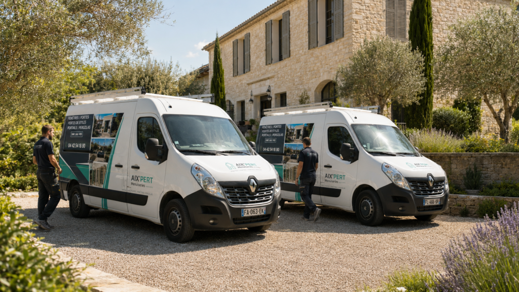 Véhicules d'intervention et techniciens en menuiserie extérieure devant une bastide provençale, illustrant l'activité d'AIX’PERT MENUISERIES dans le Pays d'Aix.