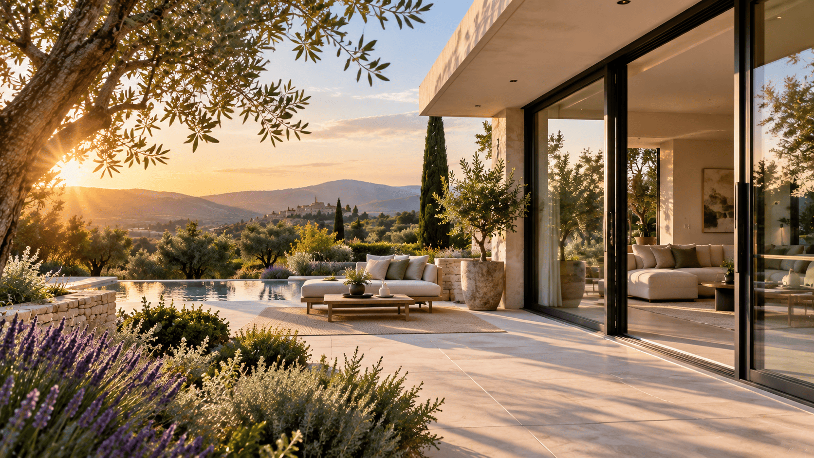 Terrasse provençale au coucher du soleil devant une maison aux grandes baies vitrées