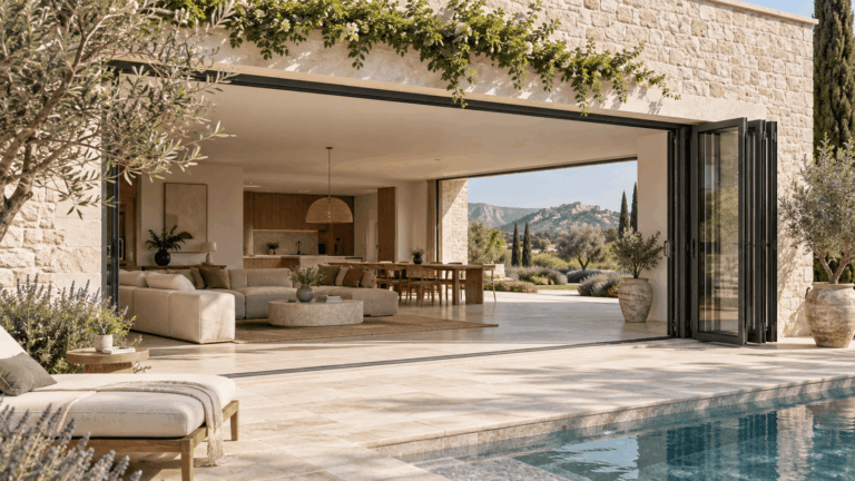 Baie accordéon grande ouverte sur une terrasse avec piscine