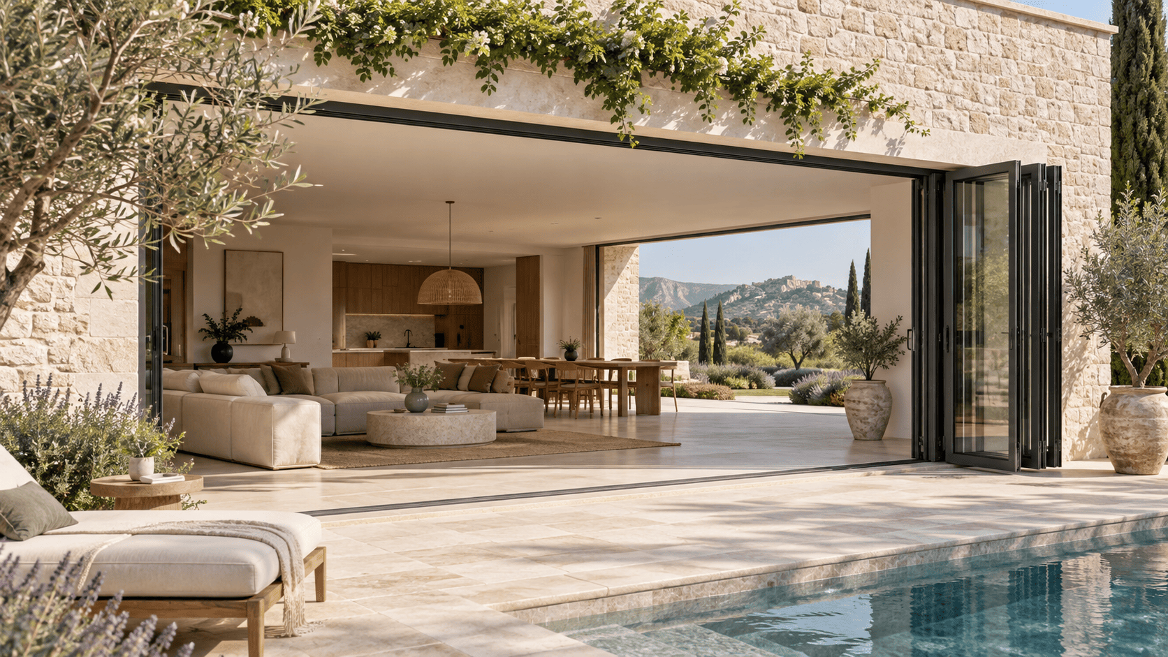 Baie accordéon grande ouverte sur une terrasse avec piscine