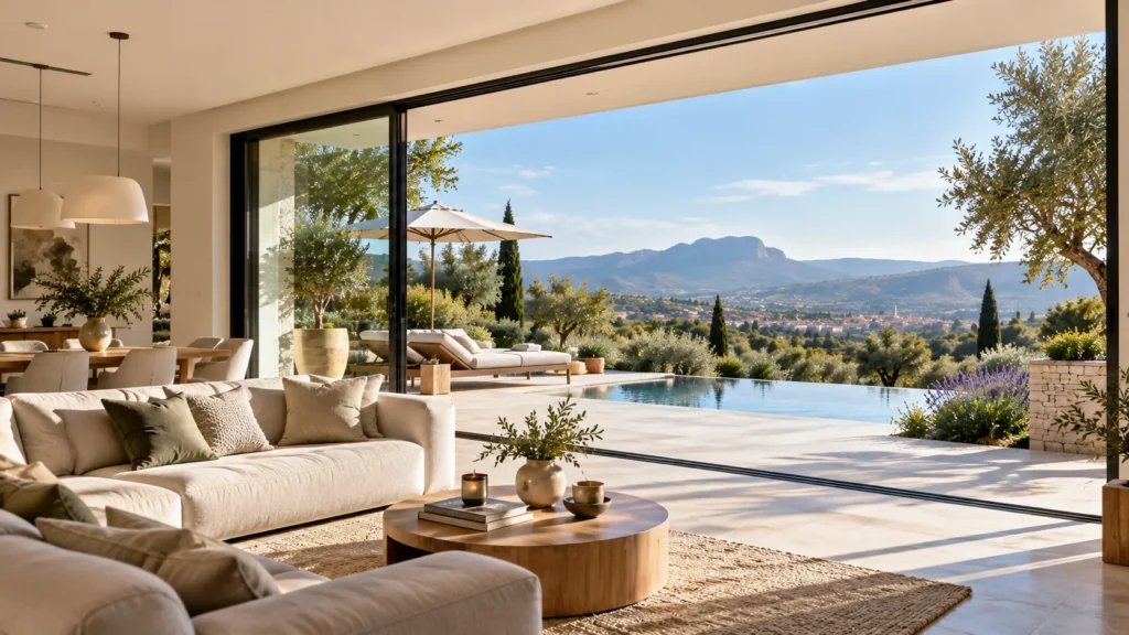 Baie vitrée panoramique coulissante en aluminium ouvrant un salon haut de gamme sur une terrasse avec piscine et vue sur les paysages de Provence.