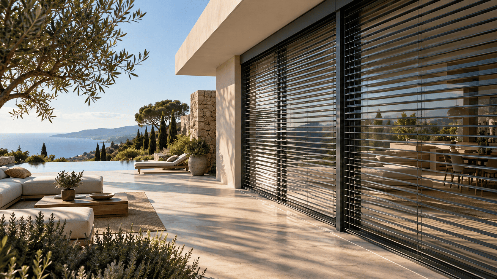 Brise-soleil orientables en aluminium sur une grande façade vitrée avec vue mer