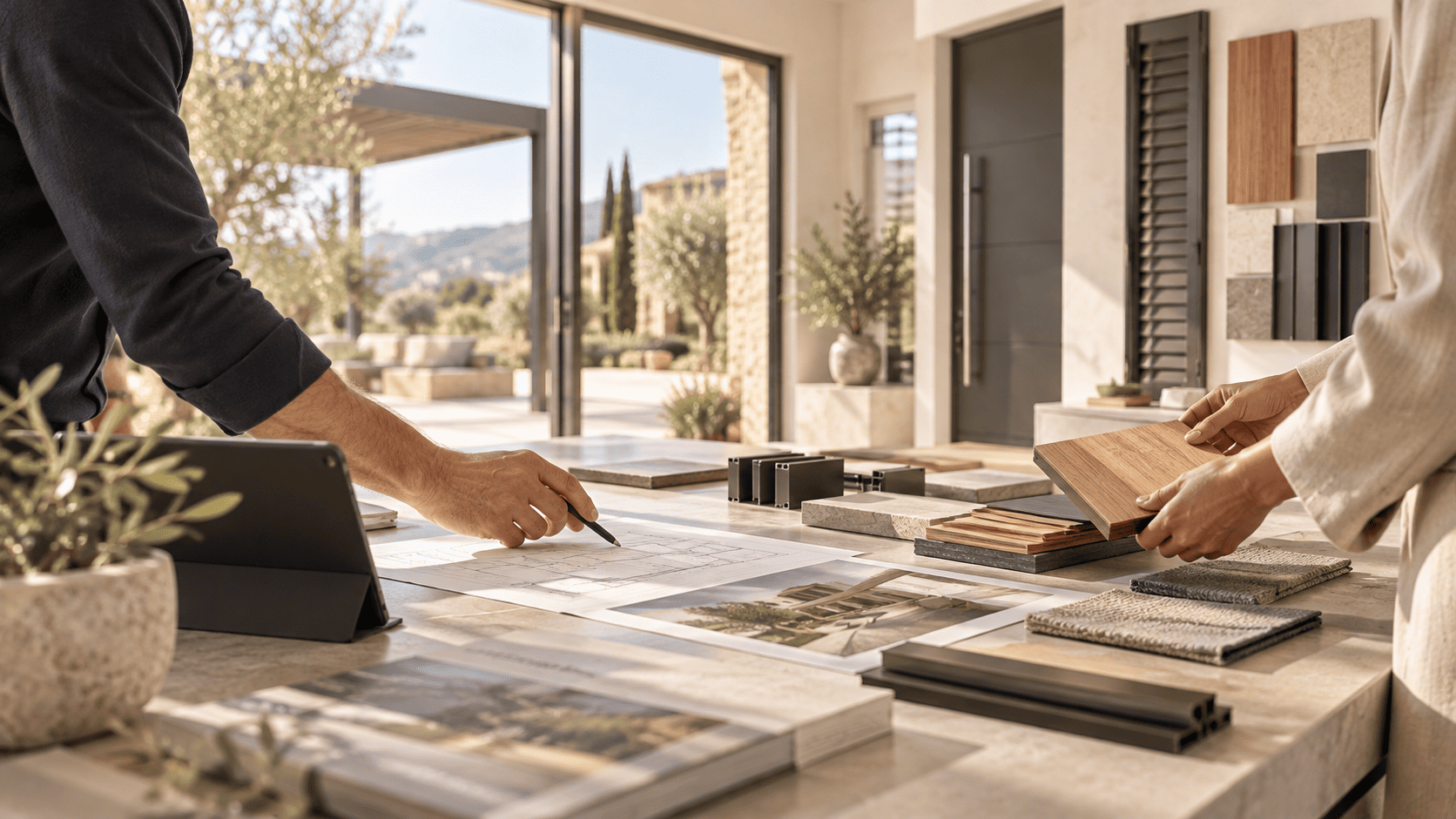 Choix des finitions et des échantillons de menuiseries avec un conseiller en showroom