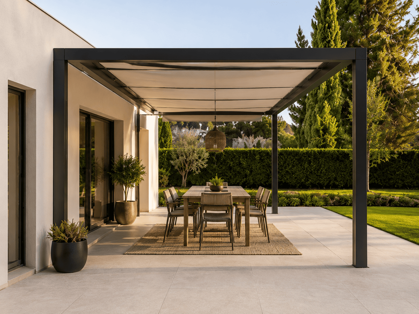 Pergola à toile rétractable au-dessus d'une terrasse avec table à manger