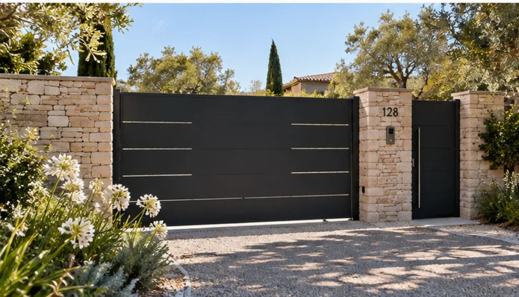 Portail coulissant en aluminium anthracite au design contemporain, avec portillon assorti et piliers en pierre, à l'entrée d'une propriété provençale.