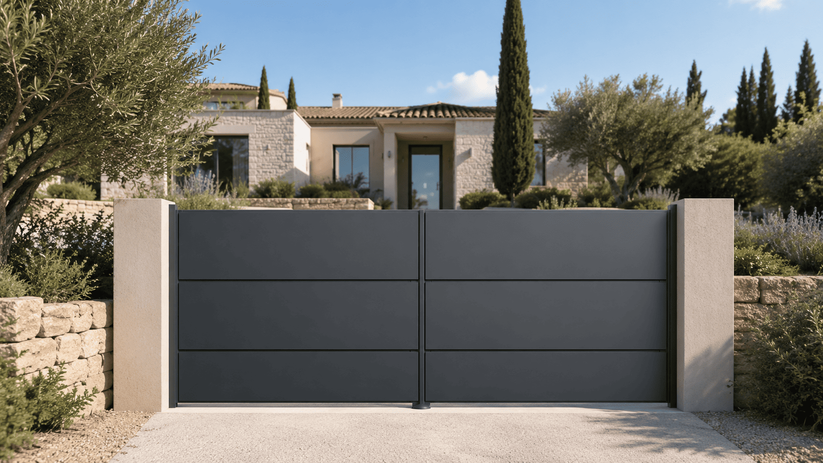 Portail battant en aluminium anthracite entre des murs en pierre