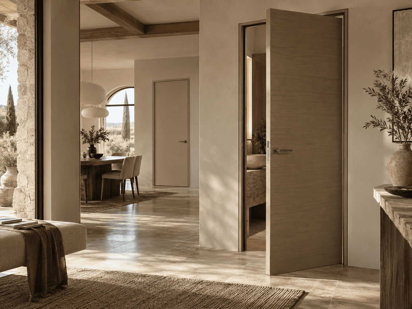 Porte intérieure en bois clair dans un séjour lumineux