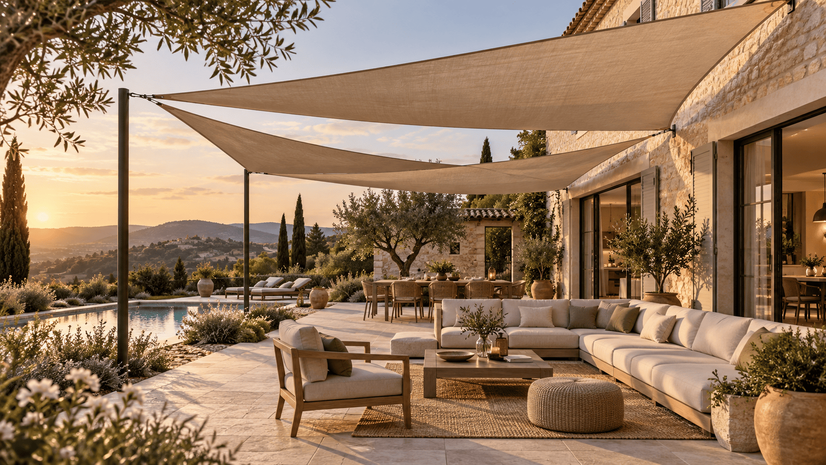 Voile d'ombrage tendue au-dessus d'un salon de jardin, protection solaire sur mesure