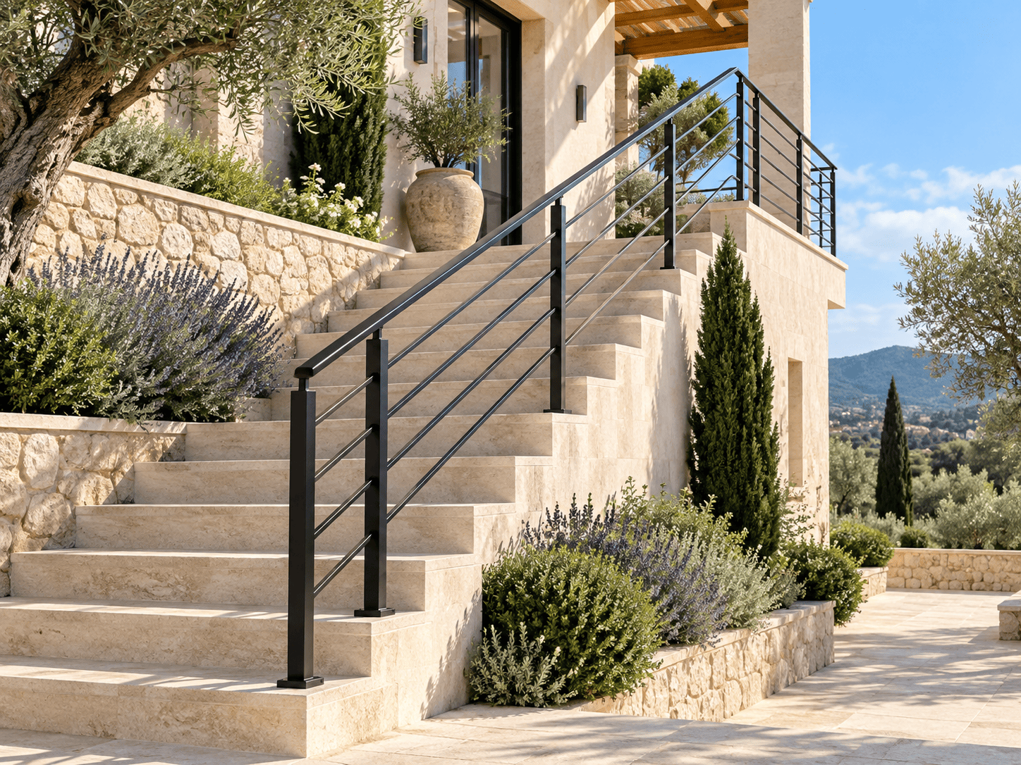 Rampe d'escalier extérieure en aluminium noir le long de marches en pierre