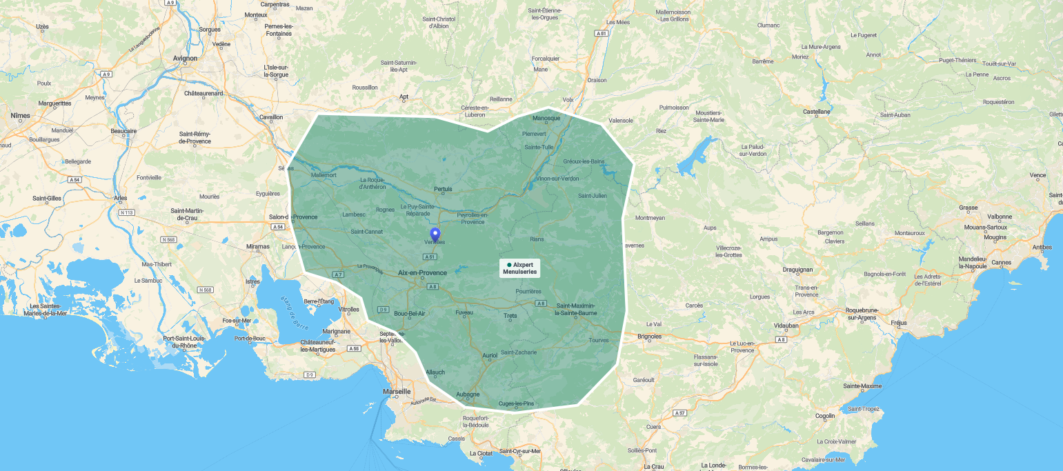 Carte de la zone d'intervention d'Aix'pert Menuiseries autour d'Aix-en-Provence